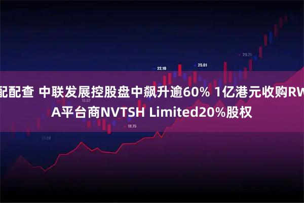 配配查 中联发展控股盘中飙升逾60% 1亿港元收购RWA平台商NVTSH Limited20%股权